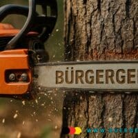 Kettensäge sägt am Baumstamm mit der Aufschrift "Bürgergeld"