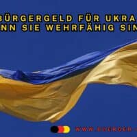 Fahne der Ukrainie mit der Frage, kein Bürgergeld für wehrfähige Ukrainer