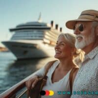 Älteres Paar steht entspannt am Hafen vor einem großen Kreuzfahrtschiff, sonniges Wetter, Urlaubsatmosphäre, maritime Umgebung. Im Vordergrund erkennt man die Hand der Frau am Geländer, beide tragen sommerliche Kleidung und blicken gemeinsam auf das Wasser.