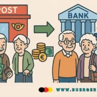 Illustration im Querformat, die den Übergang von der Bar-Auszahlung der Rente bei der Deutschen Post zur sicheren elektronischen Rentenzahlung zeigt. Das Bild zeigt eine ältere Person, die an einer Postfiliale ihre Rente bar erhält, daneben eine Darstellung der Kontoeröffnung bei einer Bank und schließlich eine sichere Überweisung der Rente auf ein Bankkonto. Symbole für Sicherheit, Komfort und Unterstützung durch Familie und Beratungsstellen sind ebenfalls enthalten.