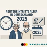Schaubild mit Uhr und Rentnerpaar zur Anhebung des Renteneintrittalters