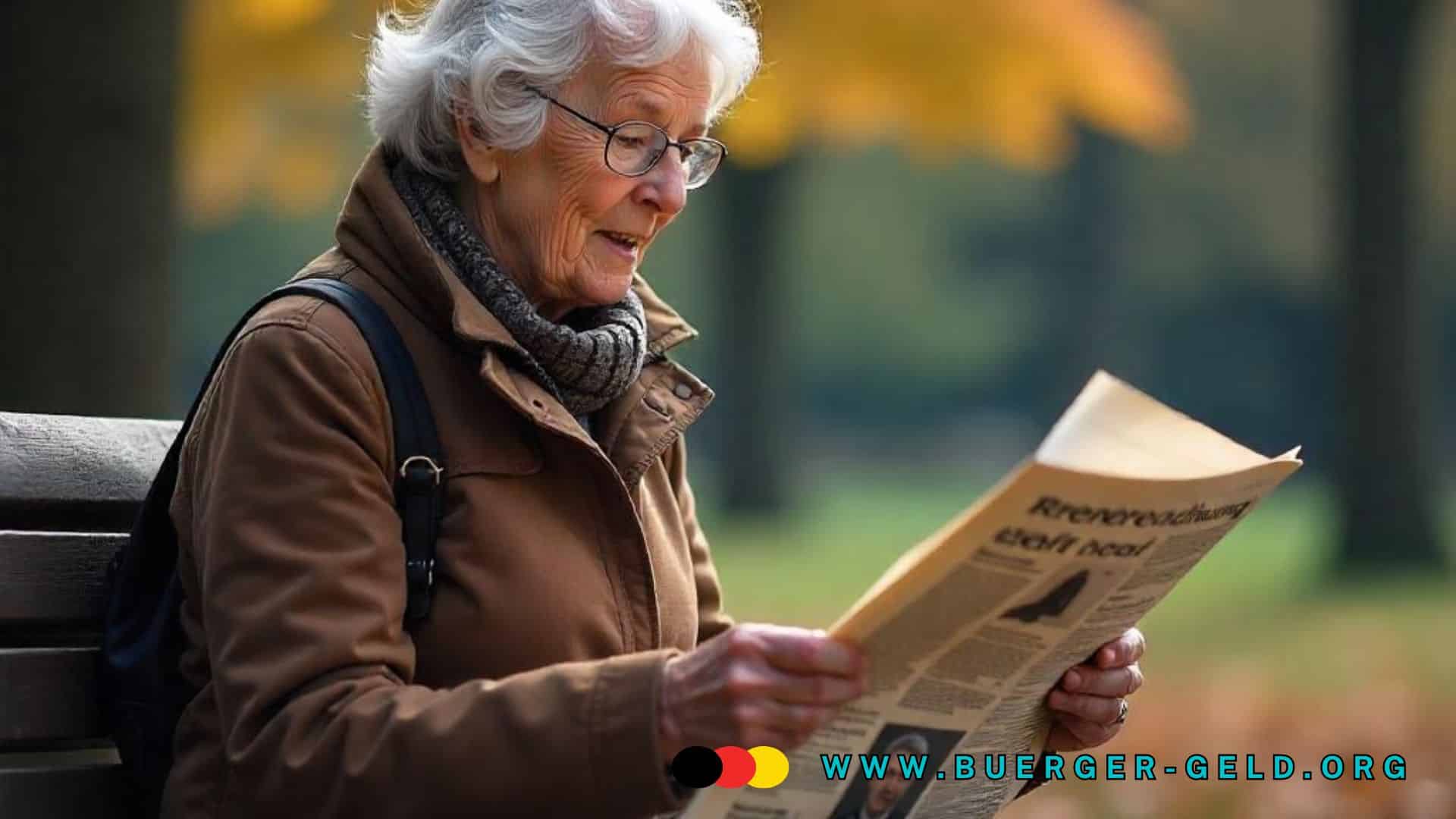 ältere Frau liest Zeitung im Park