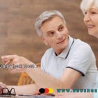 Rentner erklärt Seniorin etwas am Notebook und zeigt mit dem Finger nach vorn