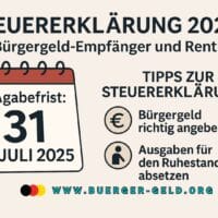 Illustration zur Steuererklärung 2024: Zwei Personen – ein Rentner und eine Bürgergeld-Empfängerin – sitzen an einem Tisch mit Unterlagen, Laptop und Formularen. Im Hintergrund sind Symbole für Steuern, Kalender mit dem Datum 31. Juli 2025 und das Wort „Steuererklärung“ auf Deutsch zu sehen. Das Bild vermittelt den Fokus auf die Abgabefrist und die Zielgruppen Rentner sowie Bürgergeld-Empfänger.