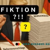 Mann am Schreibtisch, der Donald Trump sein könnte, mit Aktenstapel mit Aufschrift Bürgergeld