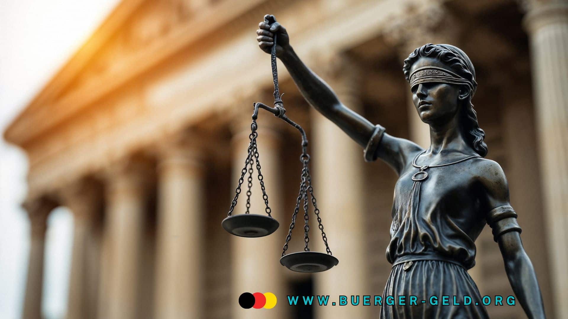 Statue der Justitia mit Waage vor einem Gerichtsgebäude; Symbolbild für Recht, Gerechtigkeit und Gerichtsurteile.
