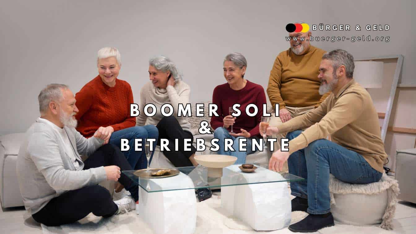 Gruppe älterer Menschen sitzt gemeinsam im Wohnzimmer und diskutiert über Boomer-Soli und Auswirkungen auf die Betriebsrente, mit Logo von Bürger & Geld und Webadresse buerger-geld.org im Bild, thematisiert Sonderabgabe für Rentner und betriebliche Altersvorsorge.