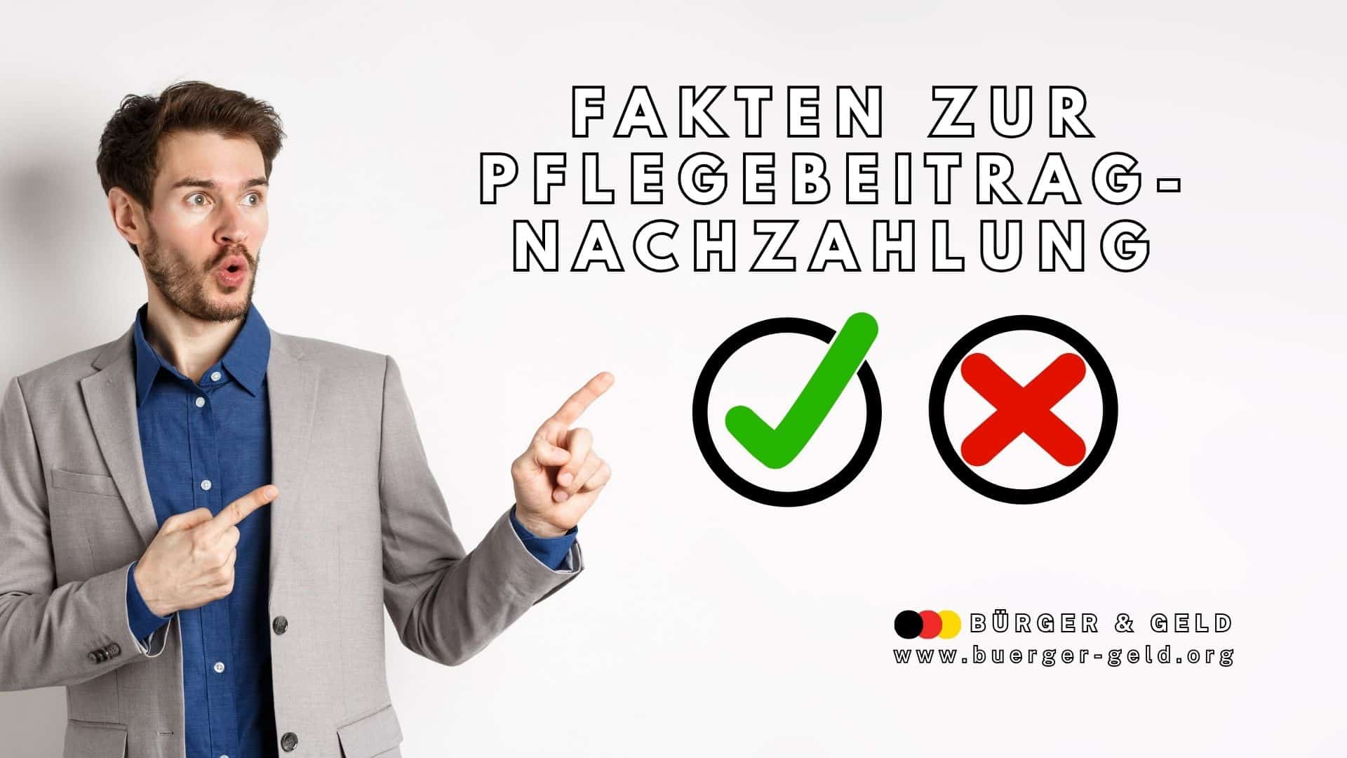 Ein Mann im Business-Outfit zeigt mit beiden Händen auf große Symbole für „richtig“ (grüner Haken) und „falsch“ (rotes Kreuz). Daneben steht in großen Buchstaben: „Fakten zur Pflegebeitrag-Nachzahlung“. Unten das Logo und die Webadresse von Bürger & Geld.