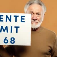 Senior hält Schild mit der Aufschrift „Rente mit 68“ vor orangefarbenem Hintergrund – Symbolbild zur Rentendebatte in Deutschland.