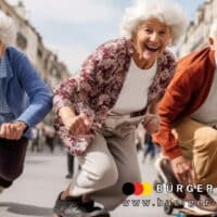 Drei sportliche Seniorinnen und Senioren fahren mit Skateboards dynamisch durch eine belebte Innenstadt. Im Vordergrund modisch und aktiv gekleidete ältere Menschen, im Hintergrund Stadthäuser und Passanten. Das Bild symbolisiert Lebensfreude und steht im Kontext Renteneintrittsalter, aktiver Ruhestand und Rente 2025. Logo und die URL des Nachrichtenmagazins Bürger & Geld sind eingeblendet.