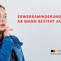 Junge Frau in Jeansjacke denkt nach, daneben steht in roter Schrift „Erwerbsminderungsrente: Ab wann besteht Anspruch“. Im unteren Bereich Logo und Webadresse von BÜRGER & GELD.