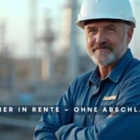 Älterer Mann mit blauem Arbeitshemd und Schutzhelm steht vor Industrieanlage; Text im Bild: „Früher in Rente – ohne Abschläge?“; unten rechts Logo von Bürger & Geld und die URL buerger-geld.org.