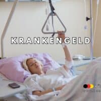 Patientin im Krankenhausbett mit Infusion, hält Haltegriff, daneben der Schriftzug „Krankengeld“ sowie Logo und Webadresse von Bürger & Geld – Symbolbild für Krankengeld und Krankenversicherung in Deutschland.