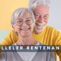 Älteres Paar zeigt Daumen hoch vor farbigem Hintergrund, Text: Paralleler Rentenantrag, Bürger & Geld