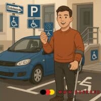 Behinderte Person steht vor Auto auf Parkplatz mit Behindertenausweis (Zeichnung)