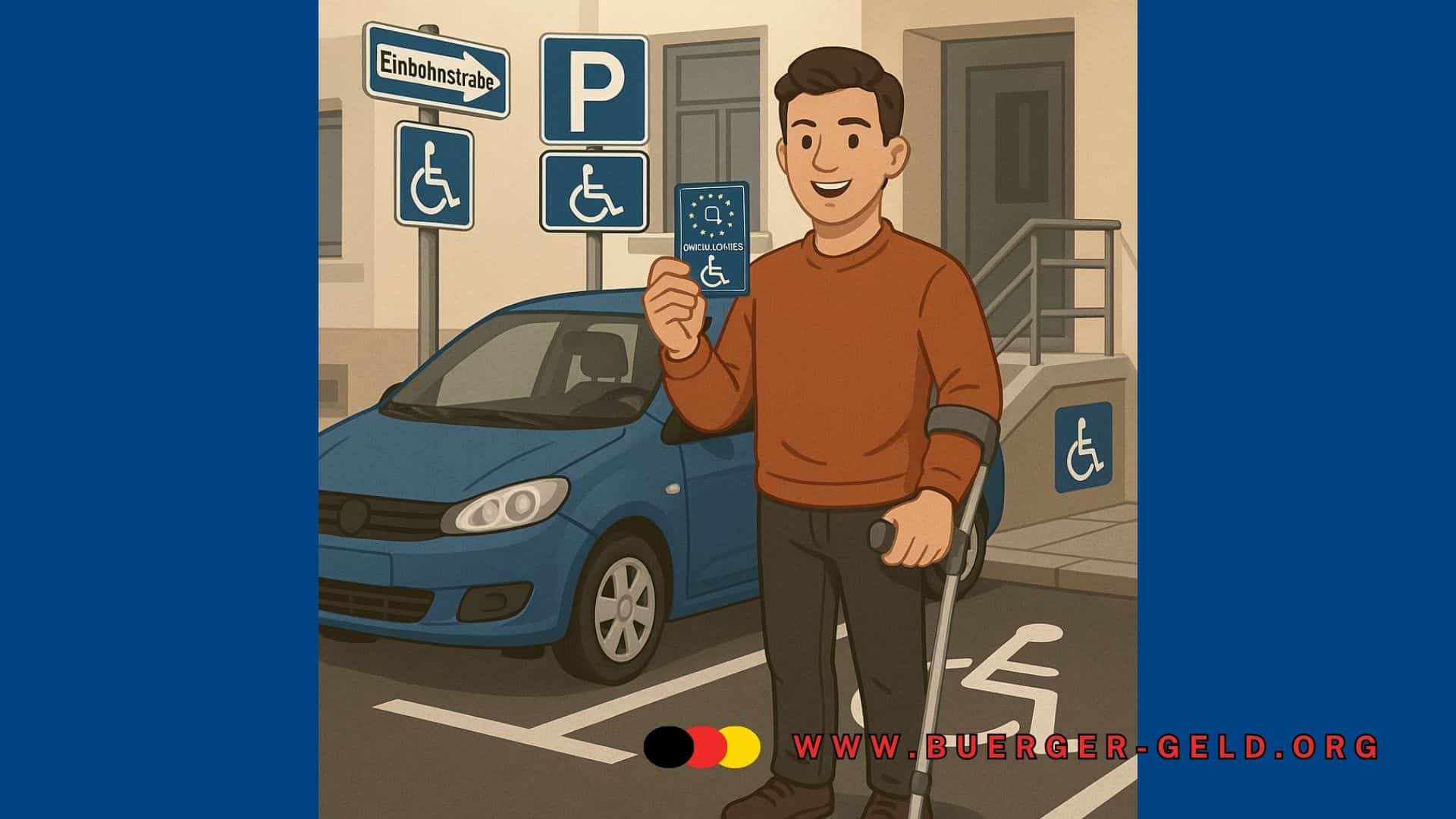 Behinderte Person steht vor Auto auf Parkplatz mit Behindertenausweis (Zeichnung)
