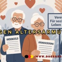 Rentnerehepaar demonstriert gegen Altersarmut (Zeichnung)