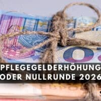 Nahaufnahme von mehreren Bündeln Euro-Geldscheinen, die mit einer groben Kordel verschnürt sind – Symbol für Pflegegeld oder Nullrunde 2026.