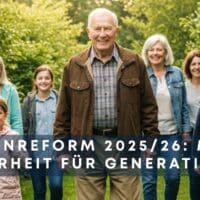 Mehrgenerationen-Familie bei einem Spaziergang in der Natur, symbolisch für die Auswirkungen der Rentenreform 2025/26 auf alle Generationen – Titel „Rentenreform 2025/26: Mehr Sicherheit für Generationen“, Magazin Bürger & Geld.