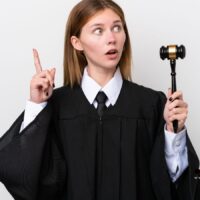 Richterin mit Richterrobe und Richterhammer hebt mahnend den Finger – Entscheidung im Sozialgericht zur Untätigkeit des Versorgungsamts