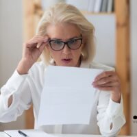 Ältere Frau blickt besorgt auf Brief mit Lebensnachweis 2025 am Schreibtisch, Bürger & Geld Magazin, Rentenstopp droht wegen Fristablauf.