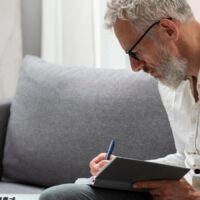 Älterer Mann prüft Rentenantrag am Laptop und notiert wichtige Punkte – Hochrechnung Arbeitsentgelt, Entscheidung über Rentenhöhe, Bürger & Geld Magazin