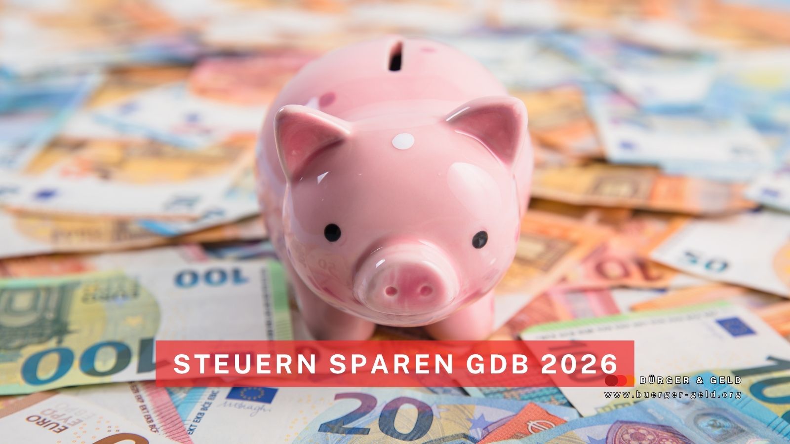 Rosa Sparschwein steht auf vielen Euro-Geldscheinen, darüber der Schriftzug „Steuern sparen GdB 2026“ – Symbolbild für finanzielle Vorteile bei Steueränderungen für Menschen mit Behinderung.