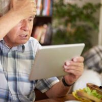 Älterer Mann sitzt nachdenklich am Tisch, hält ein Tablet in der Hand und blickt sorgenvoll darauf; im Vordergrund eine Schale mit Salat, im Hintergrund ein gemütlich eingerichtetes Wohnzimmer mit Licht und Pflanzen. Zu sehen ist das Logo des Nachrichtenmagazins „Bürger & Geld“.