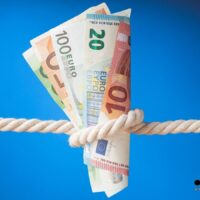 Euro-Geldscheine, festgeknotet an einem Seil, symbolisieren finanzielle Belastung durch steigende Gebühren in Deutschland 2026, auf blauem Hintergrund mit Bürger & Geld Logo.