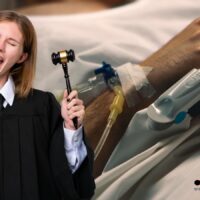 Richterin mit erhobenem Arm und Richterhammer vor Hand eines Krebspatienten mit Infusion – Symbolbild für ein Gerichtsurteil zugunsten von Menschen mit Schwerbehinderung, erstellt für Bürger & Geld.