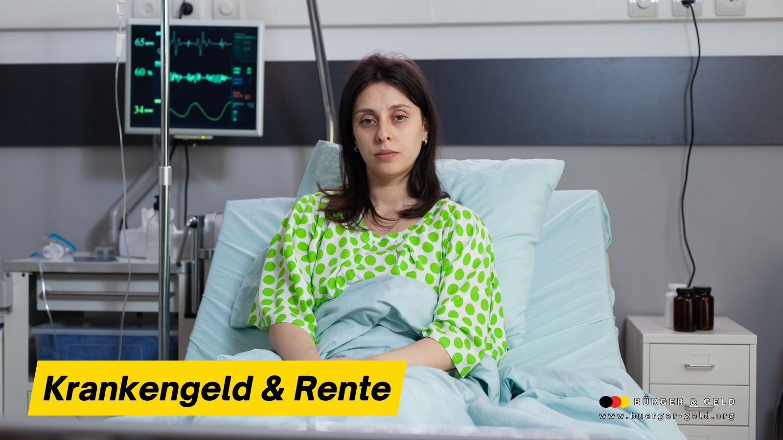 Frau im Krankenhausbett mit Monitor zeigt Auswirkungen von Krankengeld und Rentenbeiträgen nach längerer Arbeitsunfähigkeit in Deutschland.