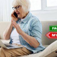 Rentenbescheid prüfen: So hoch ist die Fehlerquote wirklich – Faktencheck 4 Ältere Frau prüft am Laptop mit Smartphone in der Hand einen Rentenbescheid; Wegweiser mit „Facts“ und „Myths“ symbolisiert Unsicherheit und Klärungsbedarf bei Rentenbescheiden.