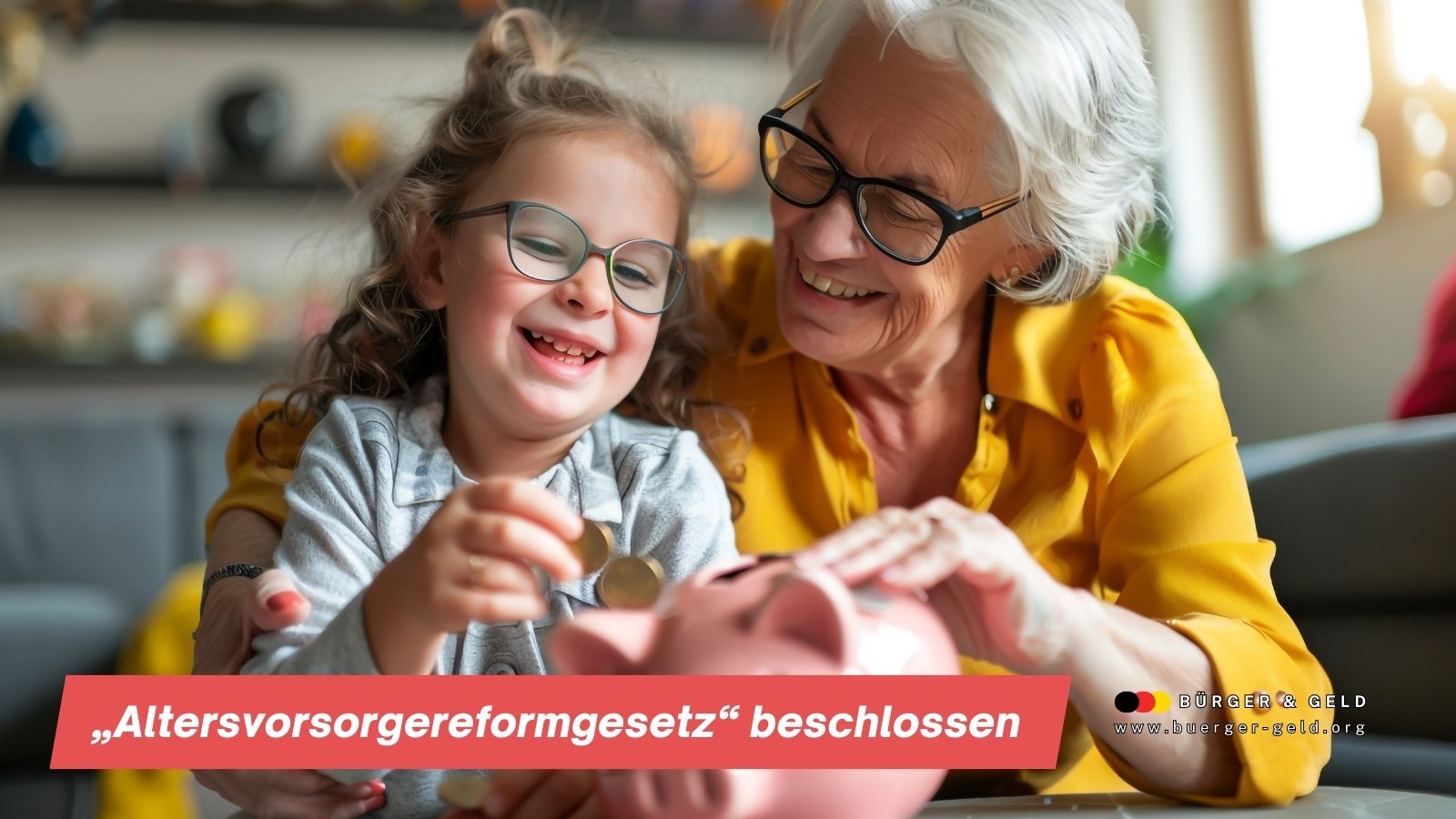 Großmutter und Kind mit Sparschwein.