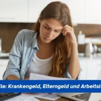Elterngeld, Krankengeld, Arbeitslosengeld: Warum „steuerfrei“ oft zur teuren Falle wird 5 Junge Frau sitzt sorgenvoll am Küchentisch, prüft Rechnungen neben Taschenrechner und Unterlagen – Symbolbild für Steuerfalle bei Krankengeld, Elterngeld und Arbeitslosengeld.