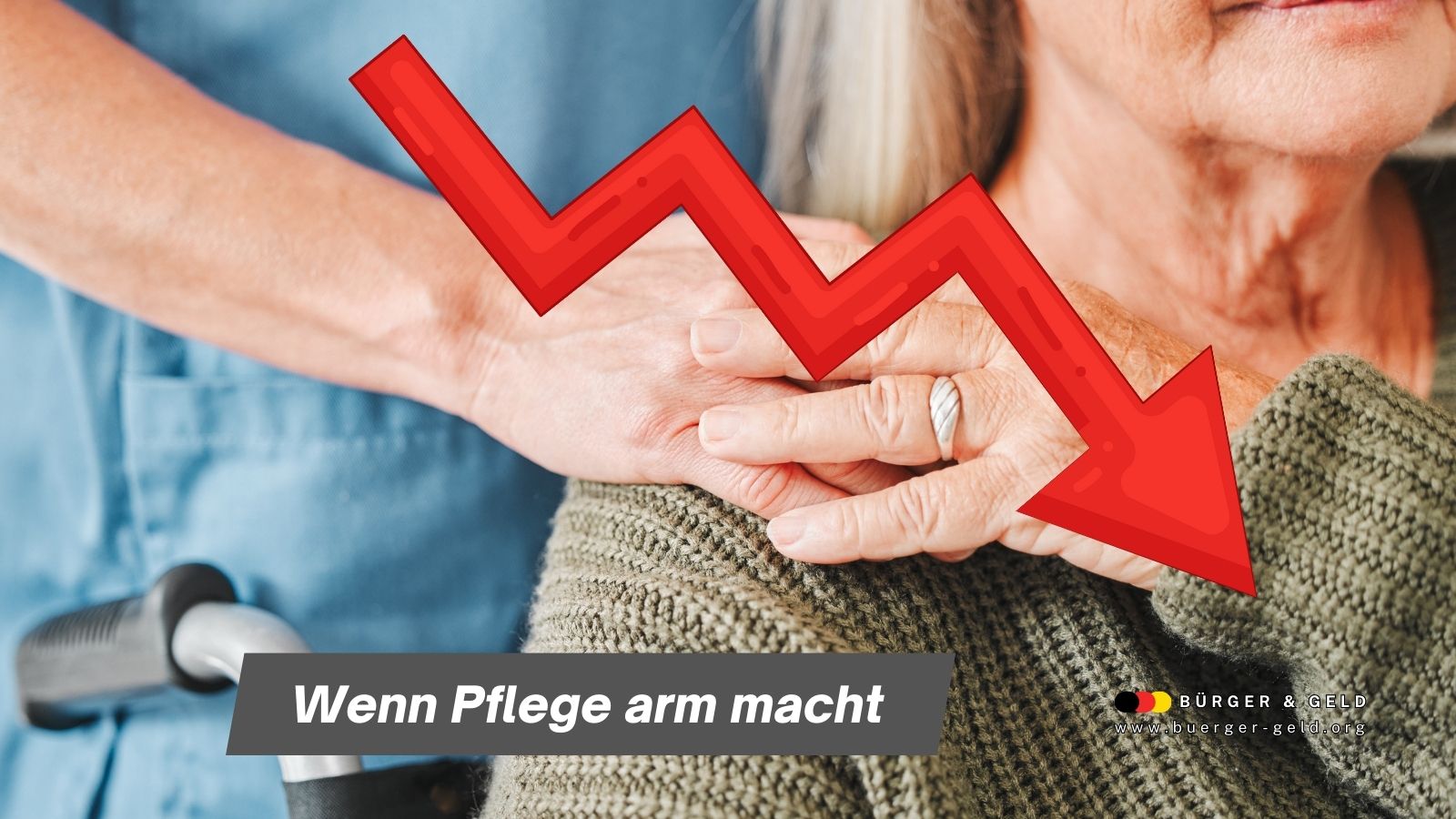 Bürger & Geld: Rente, Finanzen, Grundsicherung, Bürgergeld, Familie - News und Ratgeber 37 Pflegekraft hält die Hand einer Seniorin im Rollstuhl, darüber roter Kurssturz-Pfeil – Symbol für Einkommensverlust, Armutsrisiko und sinkende Rente durch Pflege.