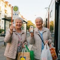 Deutschlandticket 2026 als Sozialticket für Rentner mit kleiner Rente? 4 Zwei ältere Frauen mit Einkaufstaschen an Bushaltestelle mit Deutschlandticket