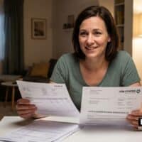 Gehalt aus Job reicht nicht: Wie viel Bürgergeld bzw. Grundsicherung drin ist 5 Frau mit Dokumenten am Tisch: Gehaltsabrechnung und Bürgergeld-Bescheid vom Jobcenter