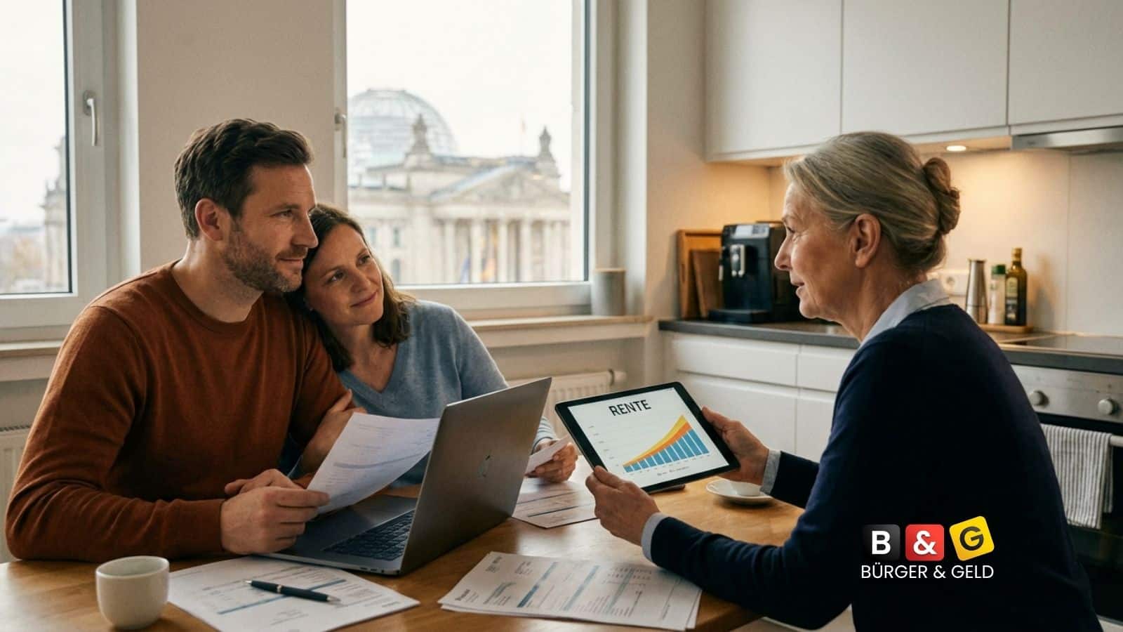 Familie diskutiert über Altersvorsorge: Klingbeil oder Riester Rente