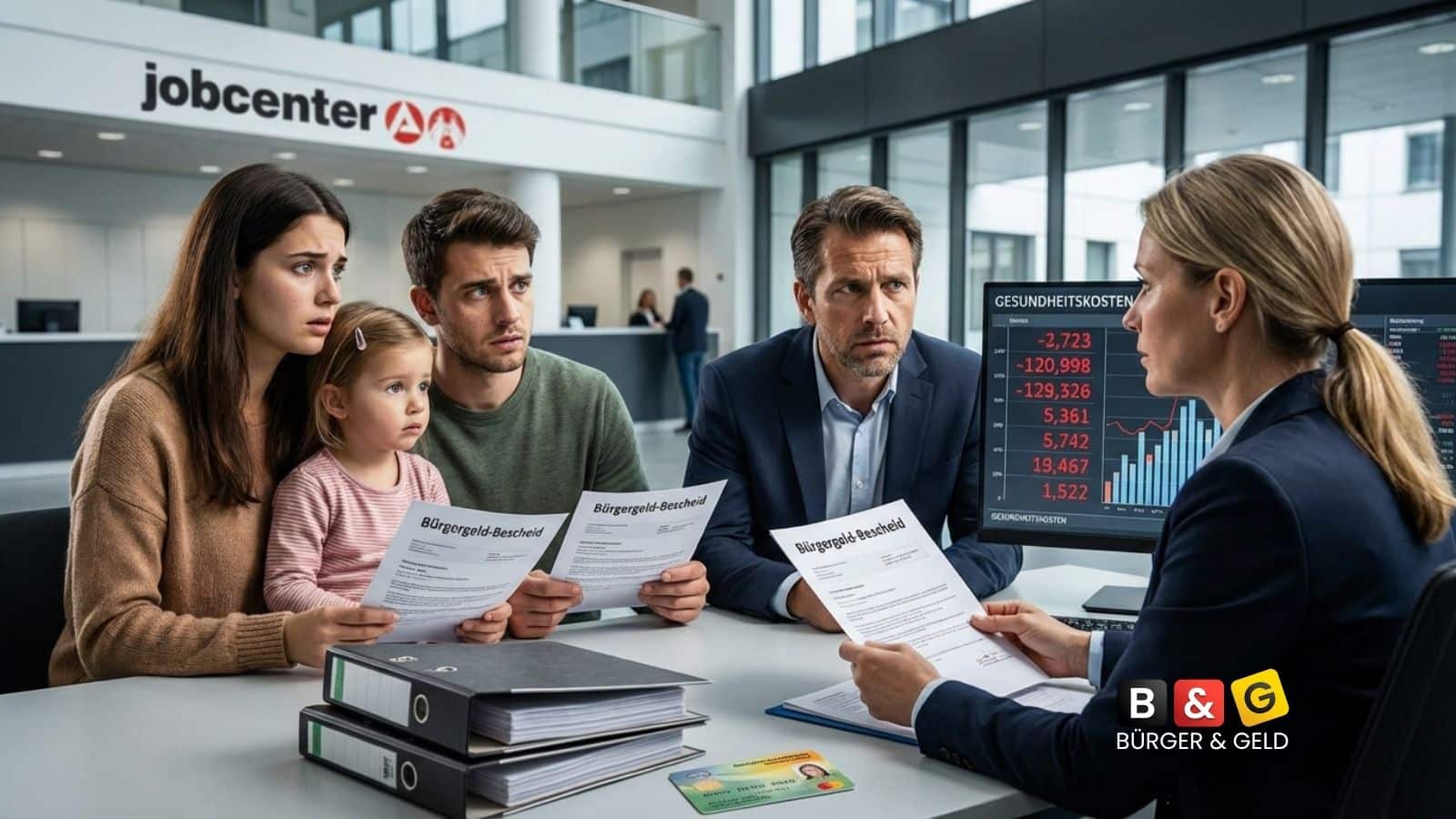 Familie im Jobcenter mit Dokumenten