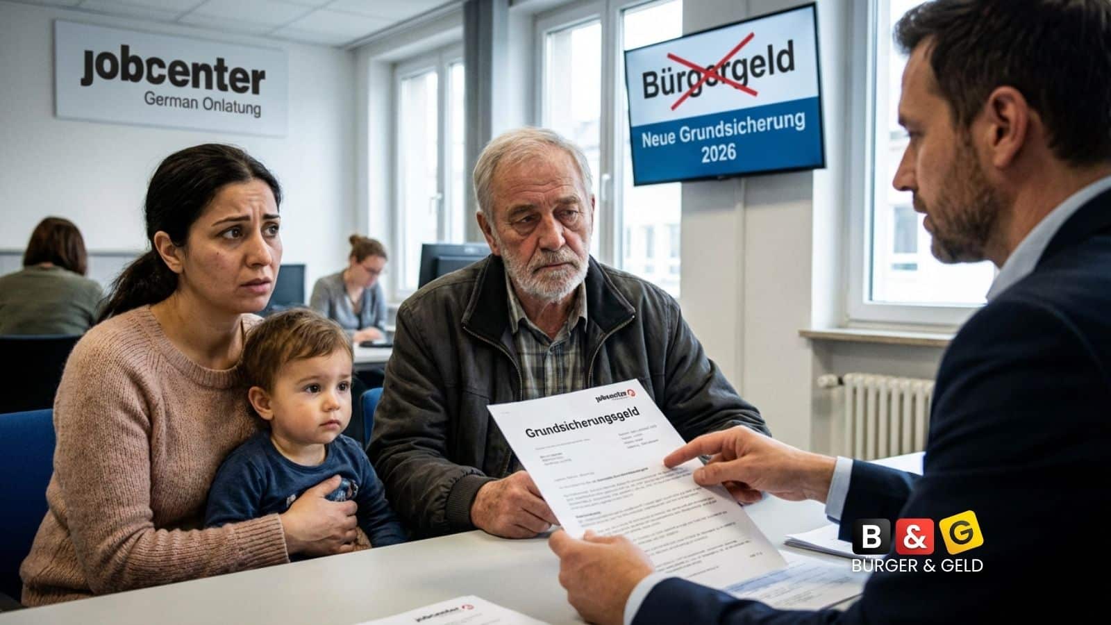 Familie im Jobcenter, Antrag besprechen - Neue Grundsicherung statt Bürgergeld