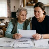 Pflegegeld und Rente: Müssen Grundsicherung-Rentner Anrechnung befürchten? 5 Zwei Frauen prüfen Dokumente zum Pflegegeld und Rente plus Grundsicherung am Tisch.