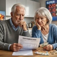 Rentenerhöhung 2026: 4,24% mehr Rente – frisst der Iran‑Krieg das Plus auf? 5 Älteres Paar betrachtet Rentenbescheid besorgt - Bremst Irak Krieg die Rentenerhöhung durch Inflation aus?