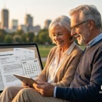 Rente April 2026: 8 wichtige Änderungen und Neuerungen für (künftige) Rentner 5 Älteres Paar mit Tablet im Park schaut auf Änderungen bei Rente im April 2026.