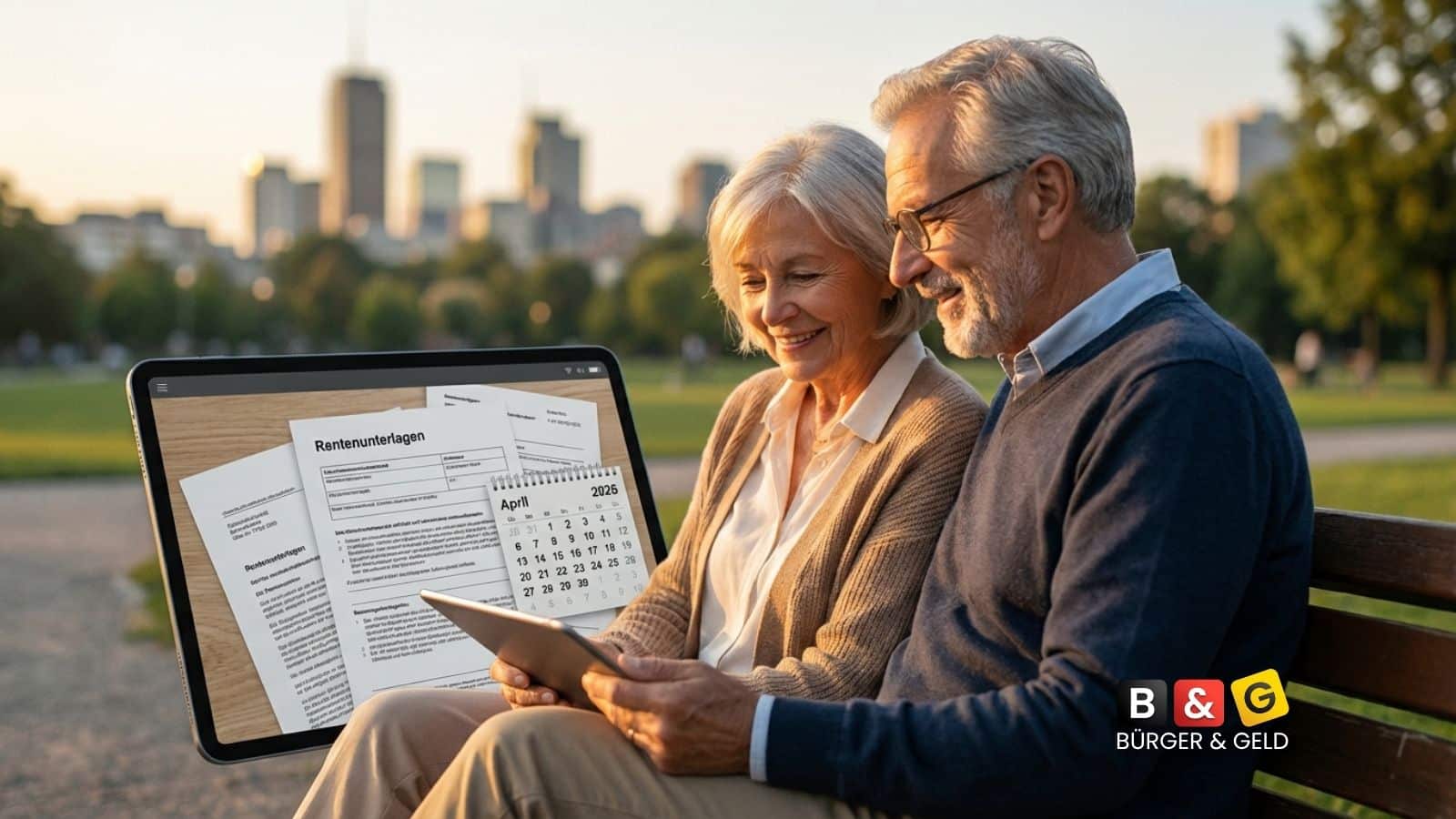Bürger & Geld: News- und Nachrichtenmagazin zu Rente, Grundsicherung (ehem. Bürgergeld), Sozialleistungen und Finanzen 1 Älteres Paar mit Tablet im Park schaut auf Änderungen bei Rente im April 2026.