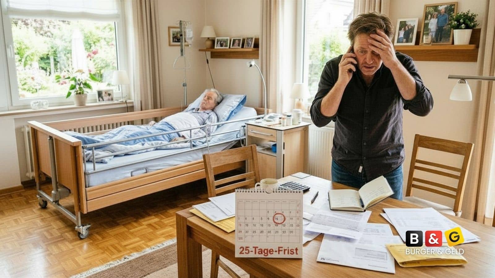 Lege auf dem Schreibtisch einen Monatskalender auf dem der Tag 19 rot eingekreist ist. Unten auf dem Kalender steht in rot in deutsch 25-Tagesfrist