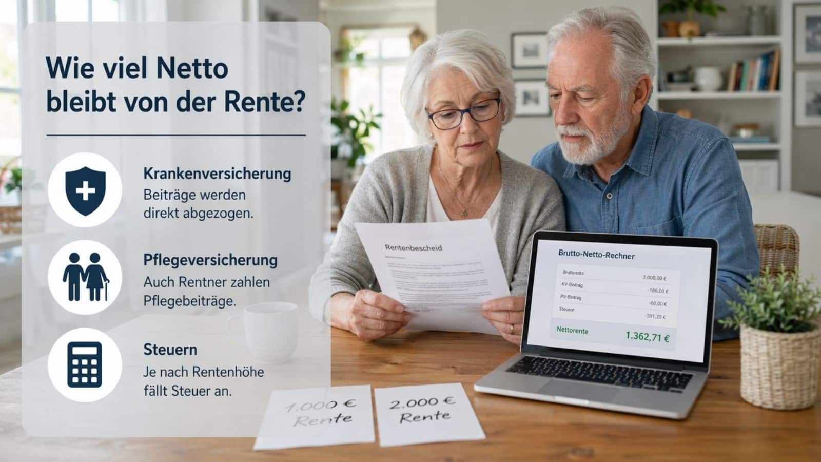 1000 und 2000 Euro Rente im Netto - Brutto - Vergleich