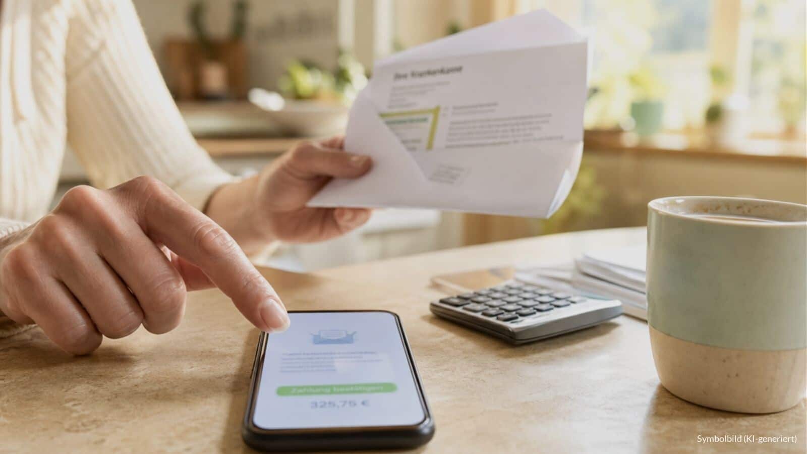 Finger schwebt kurz vor dem Klick über einem Freigabe-Button in einer E-Mail auf dem Smartphone, daneben Krankenkassen-Unterlagen – Symbolbild zur gefälschten AOK-Rückerstattungsmail