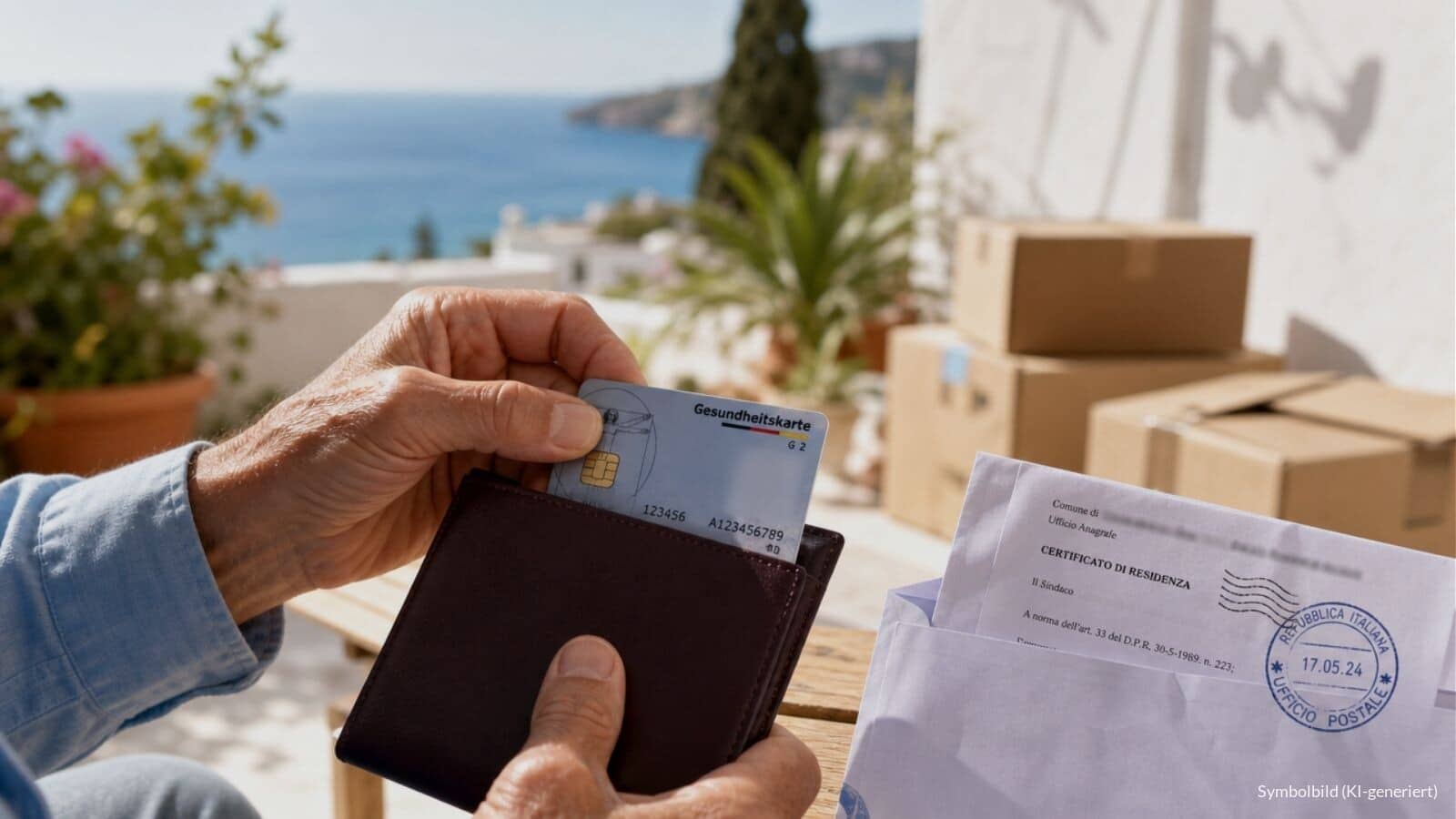 Hände eines älteren Mannes ziehen eine Krankenversichertenkarte aus einem Reisepass, daneben ein Behördenbrief mit ausländischem Stempel, im Hintergrund Umzugskartons und Meer.