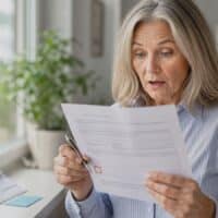 Frau am Fenster prüft einen neuen GdB-Bescheid und setzt den Stift an ein leeres Formularfeld, Symbolbild für die fehlende digitale Meldung des Behinderten-Pauschbetrags an das Finanzamt 2026