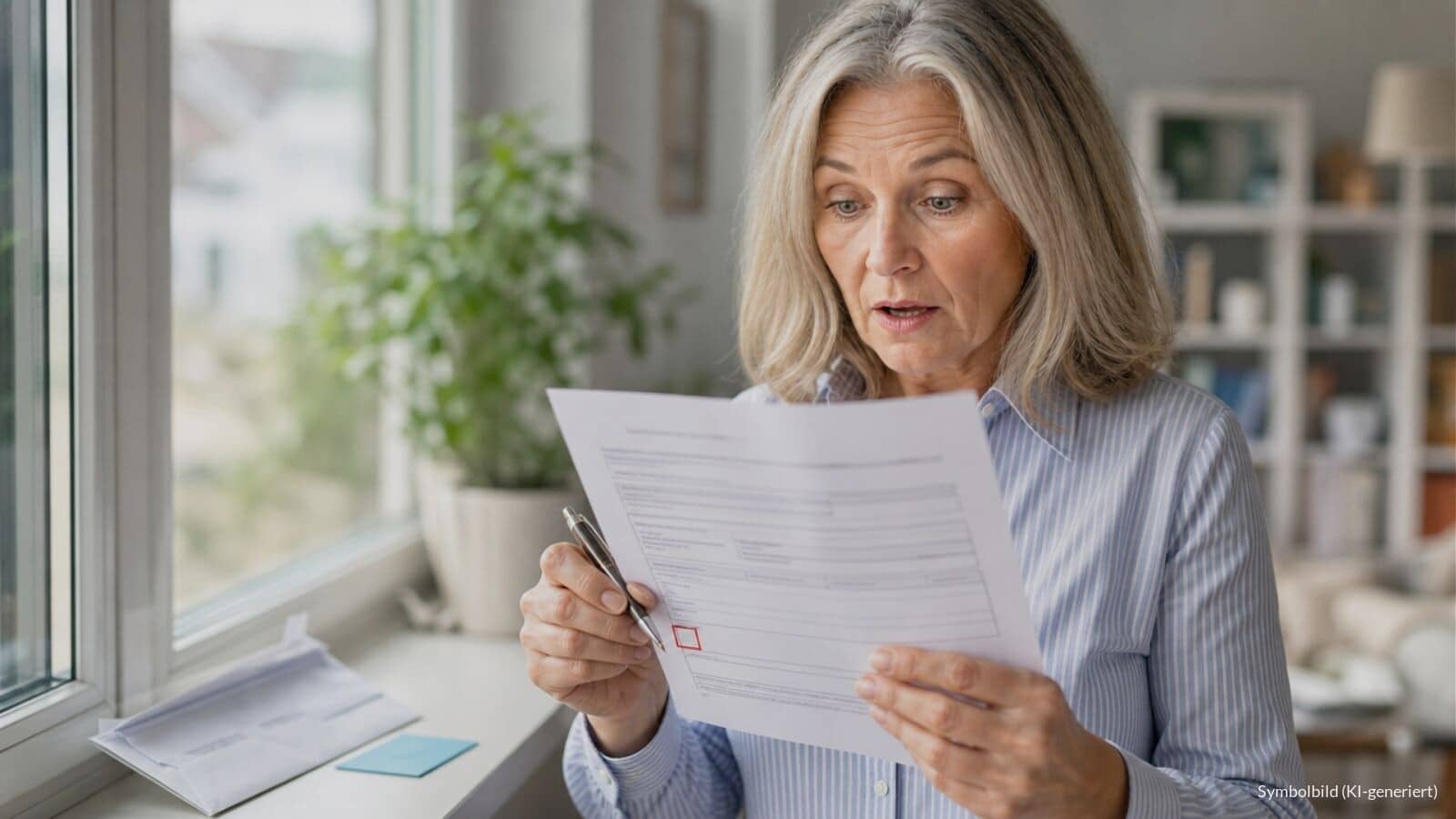 Frau am Fenster prüft einen neuen GdB-Bescheid und setzt den Stift an ein leeres Formularfeld, Symbolbild für die fehlende digitale Meldung des Behinderten-Pauschbetrags an das Finanzamt 2026